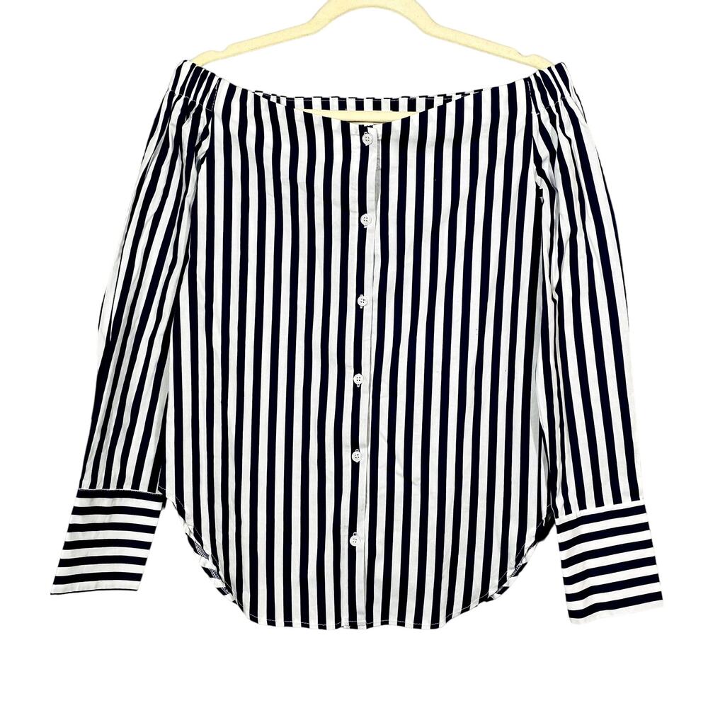 Anself Striped Off shoulder Blouse Button Up Shirt Long Sleeve Casual - M